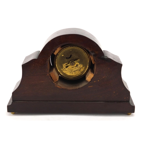 128 - Inlaid mahogany mantel clock, with ornate gilt dial, 26cm wide