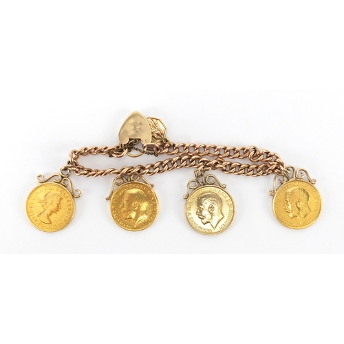 2603A - 9ct gold bracelet mounted with three sovereigns and one similar, approximate weight 51.6g