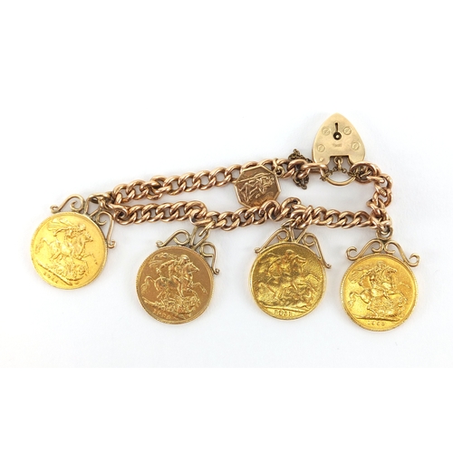 2603A - 9ct gold bracelet mounted with three sovereigns and one similar, approximate weight 51.6g