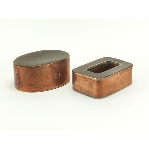 18 - Two Victorian copper jelly moulds, the rectangular example numbered 3228, the largest 19.5cm wide