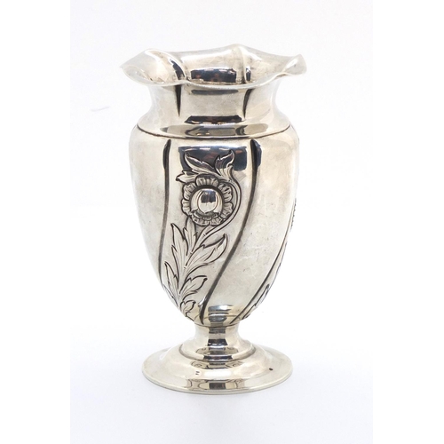 616 - Pair of Art Nouveau silver pedestal vases, embossed with stylised flowers, by Gibson & Co Ltd London... 