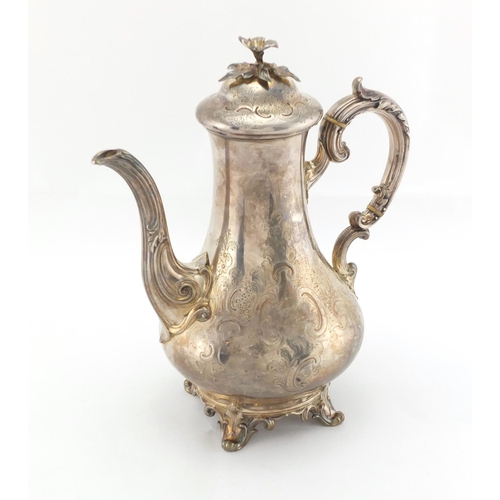 604 - Victorian silver coffee pot, with ivory banded handle, floral knop, engraved with flowers and foliag... 