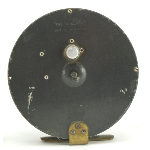 128 - Two fly fishing reels comprising a Victorian 4.5inch brass example with ivory handle and The Conques... 