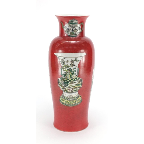 297 - Chinese porcelain red ground vase, hand painted in the famille verte palette with four vases, teapot... 