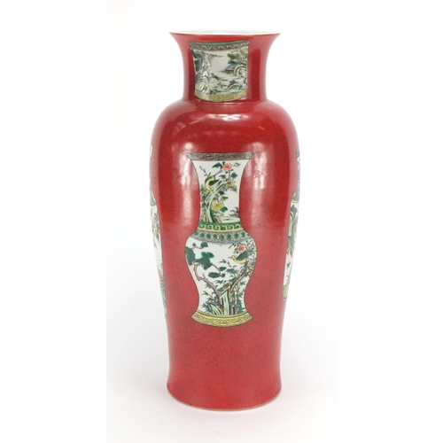 297 - Chinese porcelain red ground vase, hand painted in the famille verte palette with four vases, teapot... 