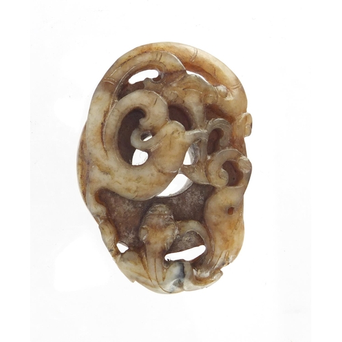 396 - Chinese green and russet jade carving of a water dragon and bird, 5.5cm wide