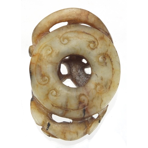 396 - Chinese green and russet jade carving of a water dragon and bird, 5.5cm wide