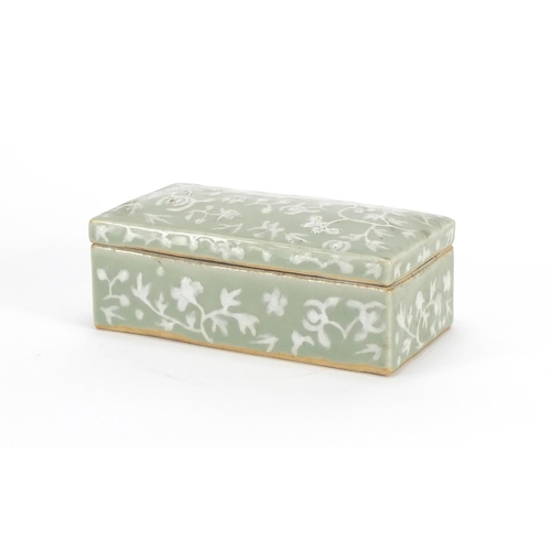 341 - Chinese celadon glazed box, with twin divisional interior decorated with flowers, 7.5cm H x 18cm W x... 