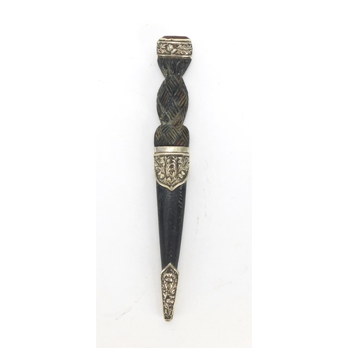 54 - Novelty wood carving of a Scottish Skean Dhu with silver plated mounts, 13.5cm in length