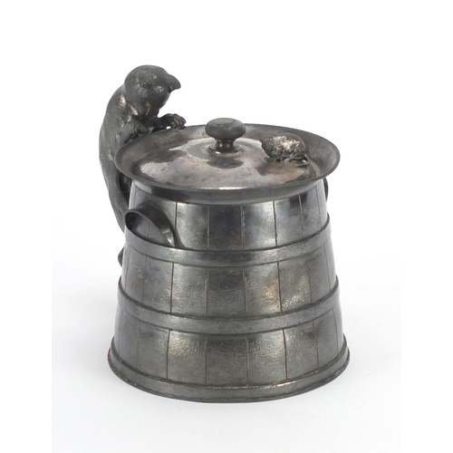 580 - Silver plated cat and rat barrel shaped jar with cover, 12.5cm high