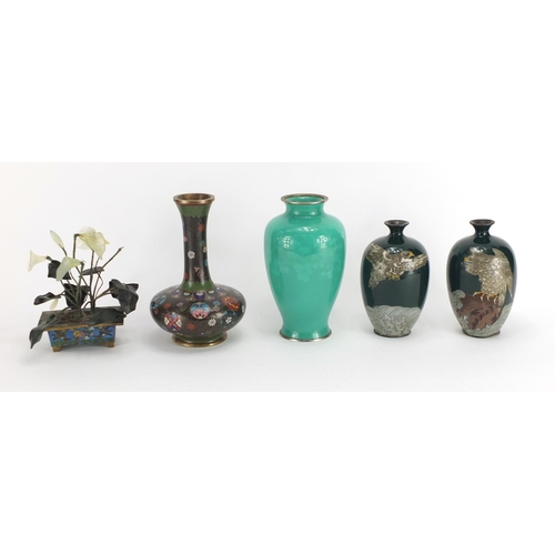 371 - Japanese and Chinese cloisonné vases and a cloisonné and green jade Bonsai tree, including a pair of... 