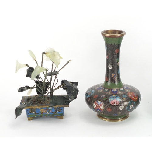 371 - Japanese and Chinese cloisonné vases and a cloisonné and green jade Bonsai tree, including a pair of... 