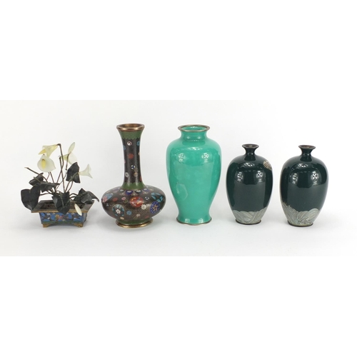 371 - Japanese and Chinese cloisonné vases and a cloisonné and green jade Bonsai tree, including a pair of... 