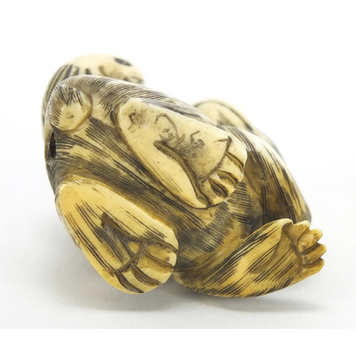 438 - ** WITHDRAWN FROM SALE ** Japanese carved ivory netsuke of a monkey and bird, character marks to the... 