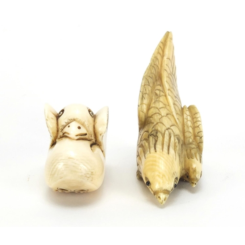 434 - ** WITHDRAWN FROM SALE ** Two Japanese carved ivory netsuke's of a chick and two eagles, character m... 