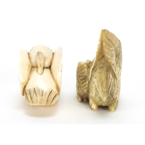 434 - ** WITHDRAWN FROM SALE ** Two Japanese carved ivory netsuke's of a chick and two eagles, character m... 