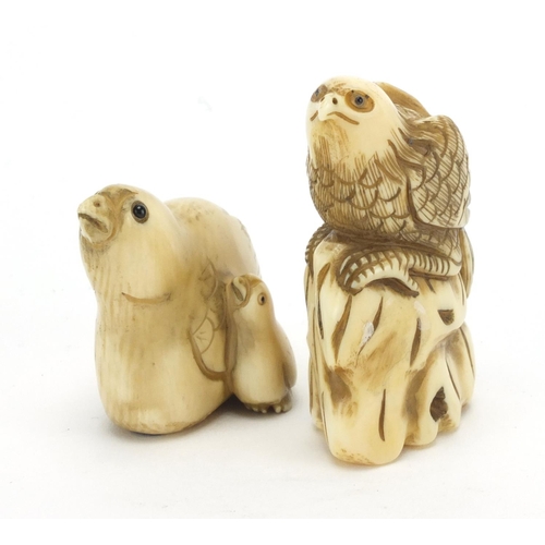 442 - ** WITHDRAWN FROM SALE ** Japanese carved ivory bird netsuke's, both with character marks to the bas... 