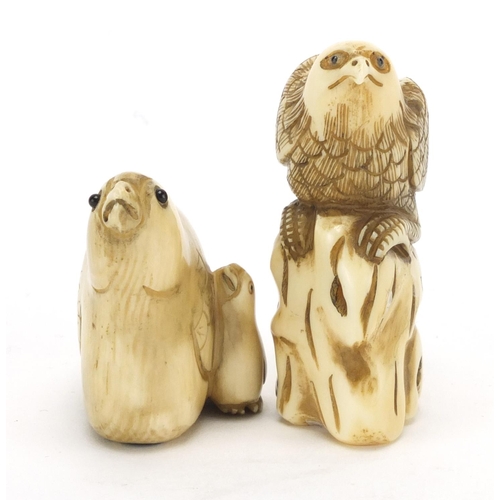 442 - ** WITHDRAWN FROM SALE ** Japanese carved ivory bird netsuke's, both with character marks to the bas... 