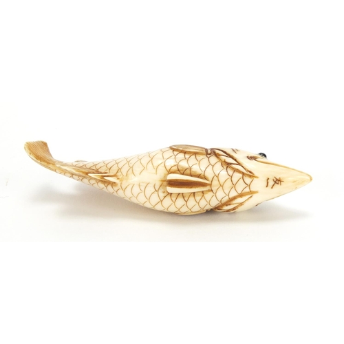 436 - Japanese carved ivory netsuke of a fish, character marks to the base, 7.3cm in length