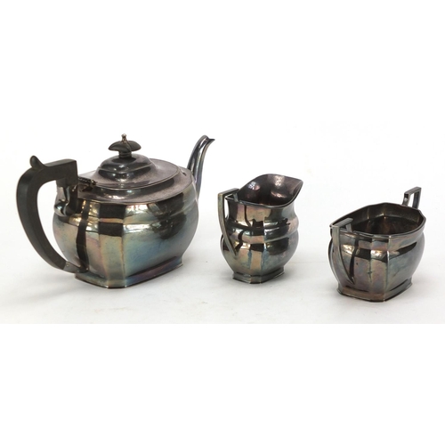 198 - Mappin & Webb silver plated three place tea service, the teapot 27cm in length