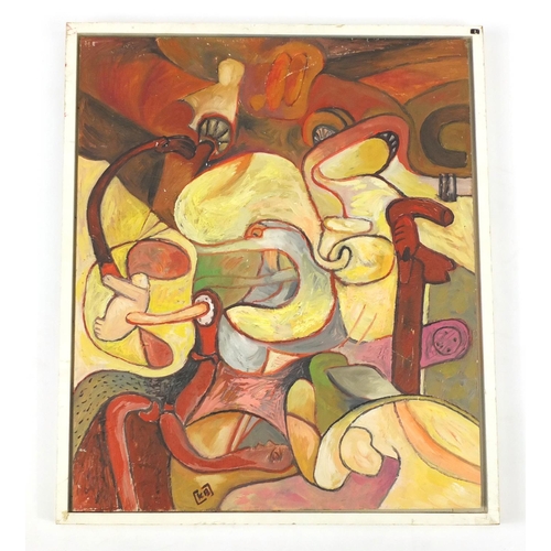 21 - Abstract composition, oil on board, bearing a monogram KB, framed, 61cm x 51cm