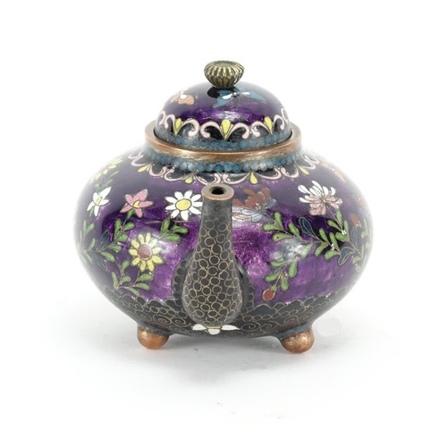 375 - Chinese copper and cloisonné teapot enamelled with butterflies amongst flowers, 7.5cm high