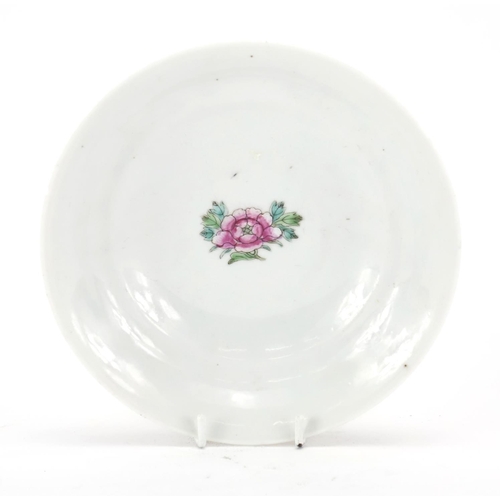 303 - Chinese porcelain footed shallow dish, hand painted in the famille rose palette with flower heads am... 