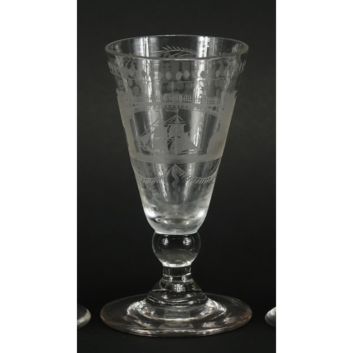 510 - Three antique glasses, two with air twist stems and one etched with a rigged ship under a bridge, th... 