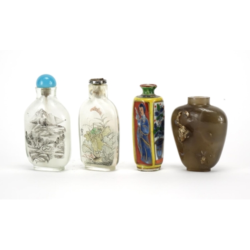 390 - Four Chinese snuff bottles comprising two internally hand painted, porcelain example with square bod... 