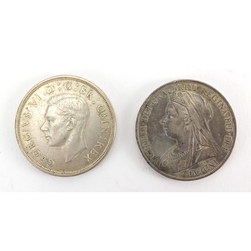 632 - Two British crowns 1899 and 1937, housed in a velvet lined box