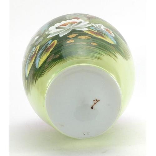 111 - Victorian opaque glass vase hand painted with a dragonfly above lily pads, 32cm high