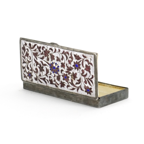 589 - Continental unmarked silver and enamel box with hinged lid, 9.2cm in length, approximate weight 52.8... 