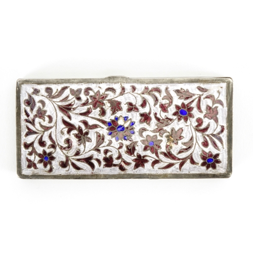 589 - Continental unmarked silver and enamel box with hinged lid, 9.2cm in length, approximate weight 52.8... 