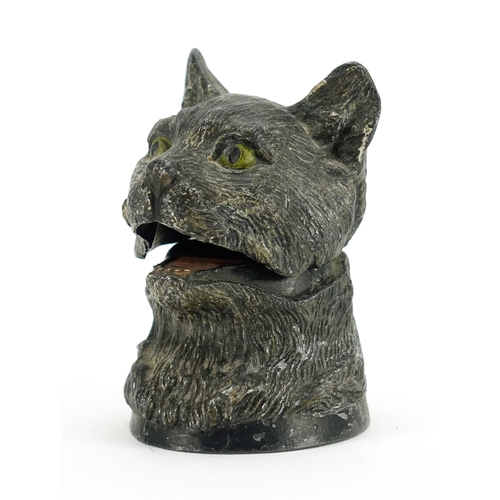 46 - Novelty hand painted pewter cat design inkwell with ceramic liner, 8.5cm high