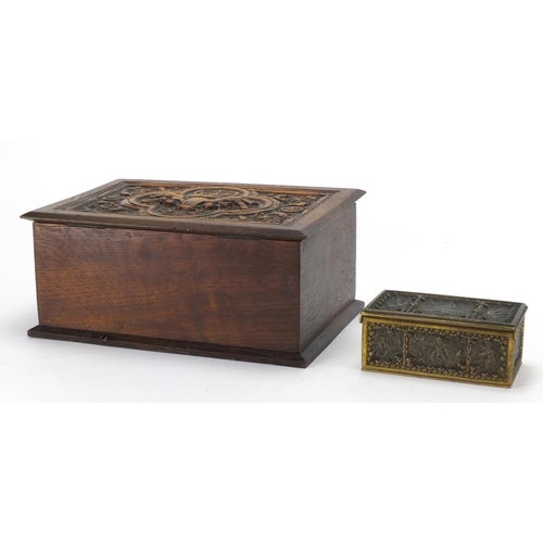 139 - Carved oak bible box and a brass jewel box, the largest 29cm wide