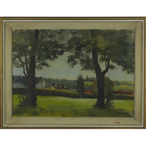 982 - Ruby Wallace - Trees before houses, oil on canvas, mounted and framed, 54cm x 39.5cm
