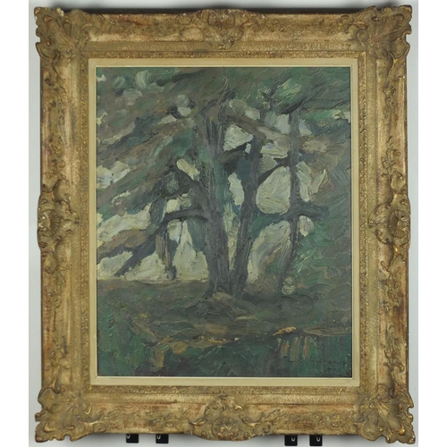 995 - Study of a tree, impasto oil on canvas, bearing an indistinct signature possibly Turbact, mounted an... 