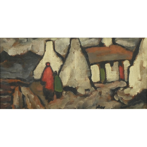 919 - Figures and buildings before mountains, Irish school oil on board, bearing a signature Markey and Ka... 