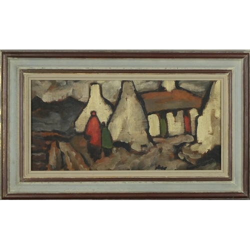 919 - Figures and buildings before mountains, Irish school oil on board, bearing a signature Markey and Ka... 