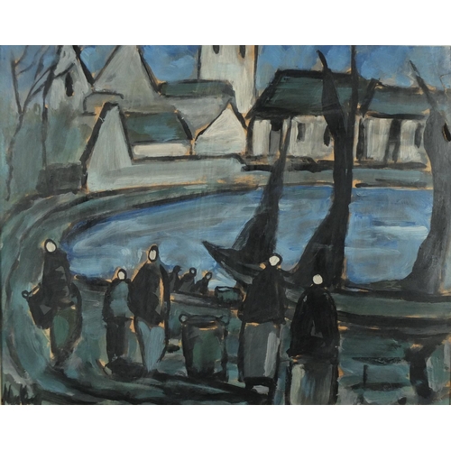 943 - Figures and buildings with water, oil on card, bearing an indistinct signature, framed, 49.5cm x 39.... 