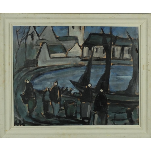 943 - Figures and buildings with water, oil on card, bearing an indistinct signature, framed, 49.5cm x 39.... 