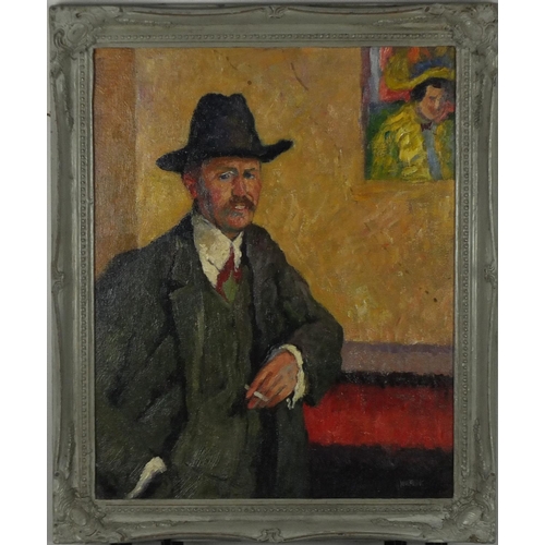 2170 - Portrait of a gentleman smoking a cigarette, oil on board, bearing a signature Wolmark and inscripti... 