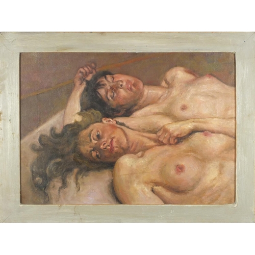 2063 - After Lucian Freud - Two nude figures, oil on board, bearing an inscription verso, framed, 69cm x 48... 