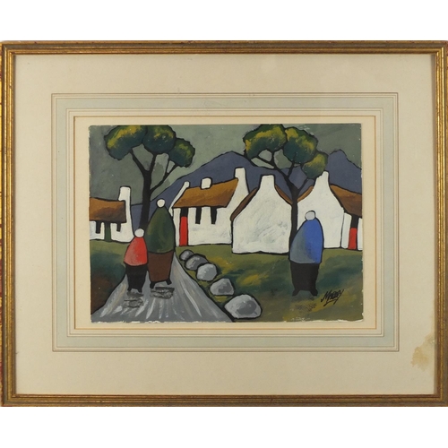 2110 - Figures and buildings before mountains, gouache on card bearing a signature Markey, mounted and fram... 