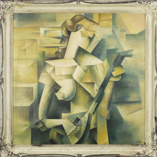 2173 - Abstract composition cubist musician, oil on board, bearing a signature A L Hote, framed, 50cm x 50c... 