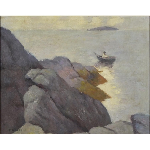 2103 - After Paul Henry - Coastal scene with a figure in a boat, oil on board, framed, 48.5cm x 38cm