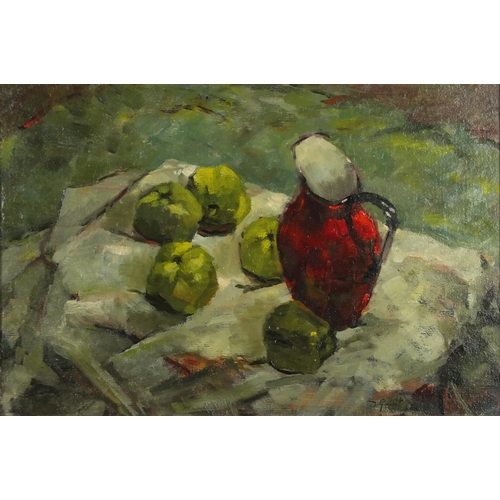 2163 - After Duncan Grant - Still life red jug with five apples, oil on board, framed, 46.5cm x 32.5cm