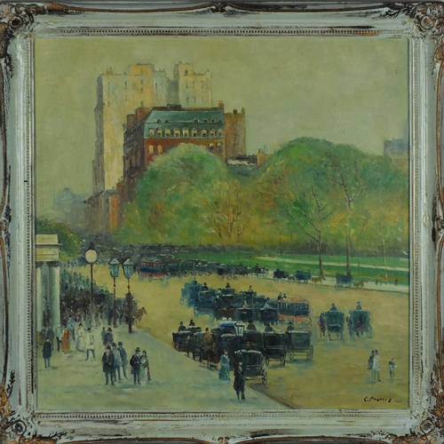 2260 - Busy Parisian street scene, oil on board bearing an indistinct signature, framed, 50cm x 49.5cm