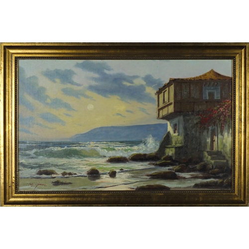 2109 - Coastal scene with crashing waves, Italian school oil on board, bearing a signature M Gianni, framed... 