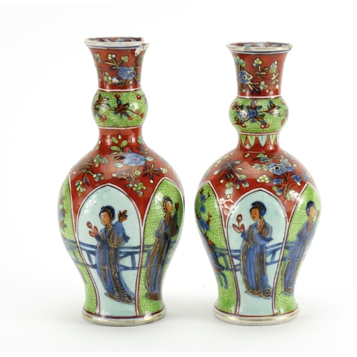 330 - Pair of Chinese porcelain vases, hand painted with panels of figures and flowers, Kangxi leaf mark t... 